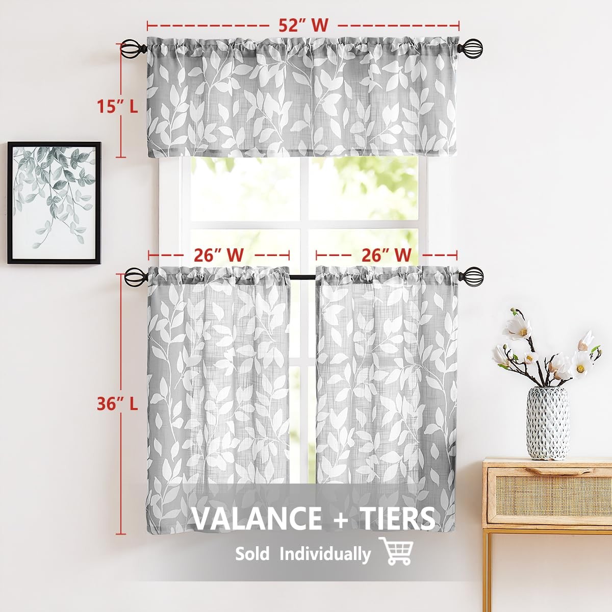 Grey White Kitchen Curtains 36″ Short Café Curtain Set for Windows Leaf Print…
