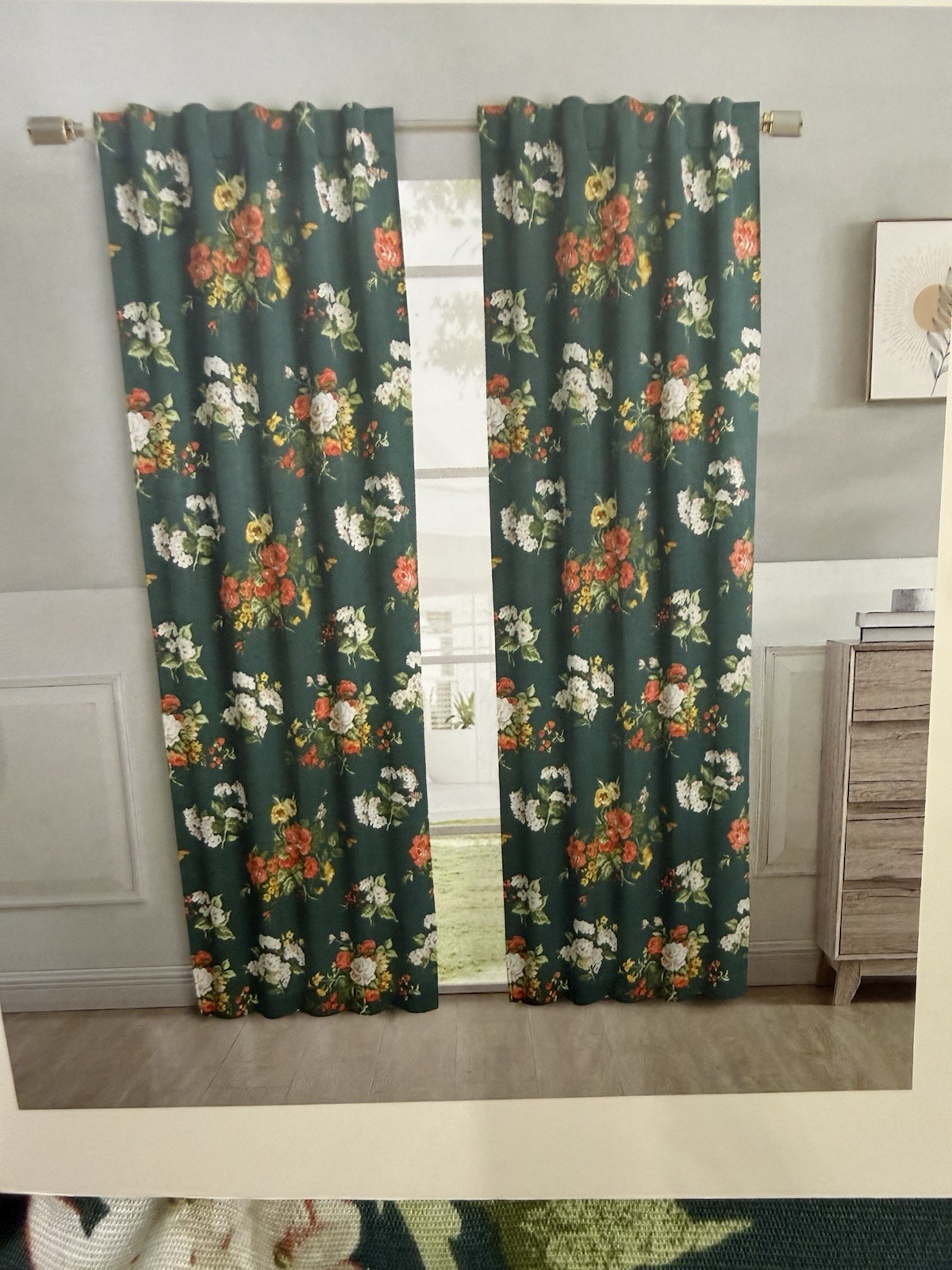 Laura Ashley Rosemore Floral Green Pair Pole Top Back Tab Curtains Panels 38×96