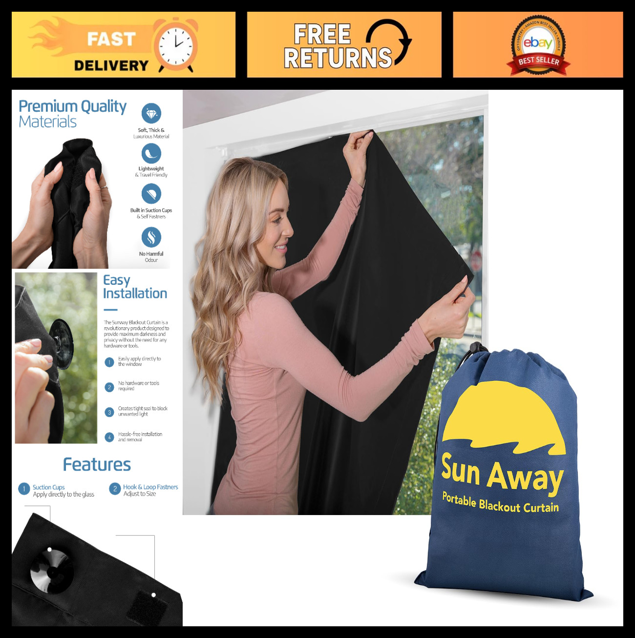 Portable Blackout Curtain with Suction Cups – Easy Install No Tools – Temporary