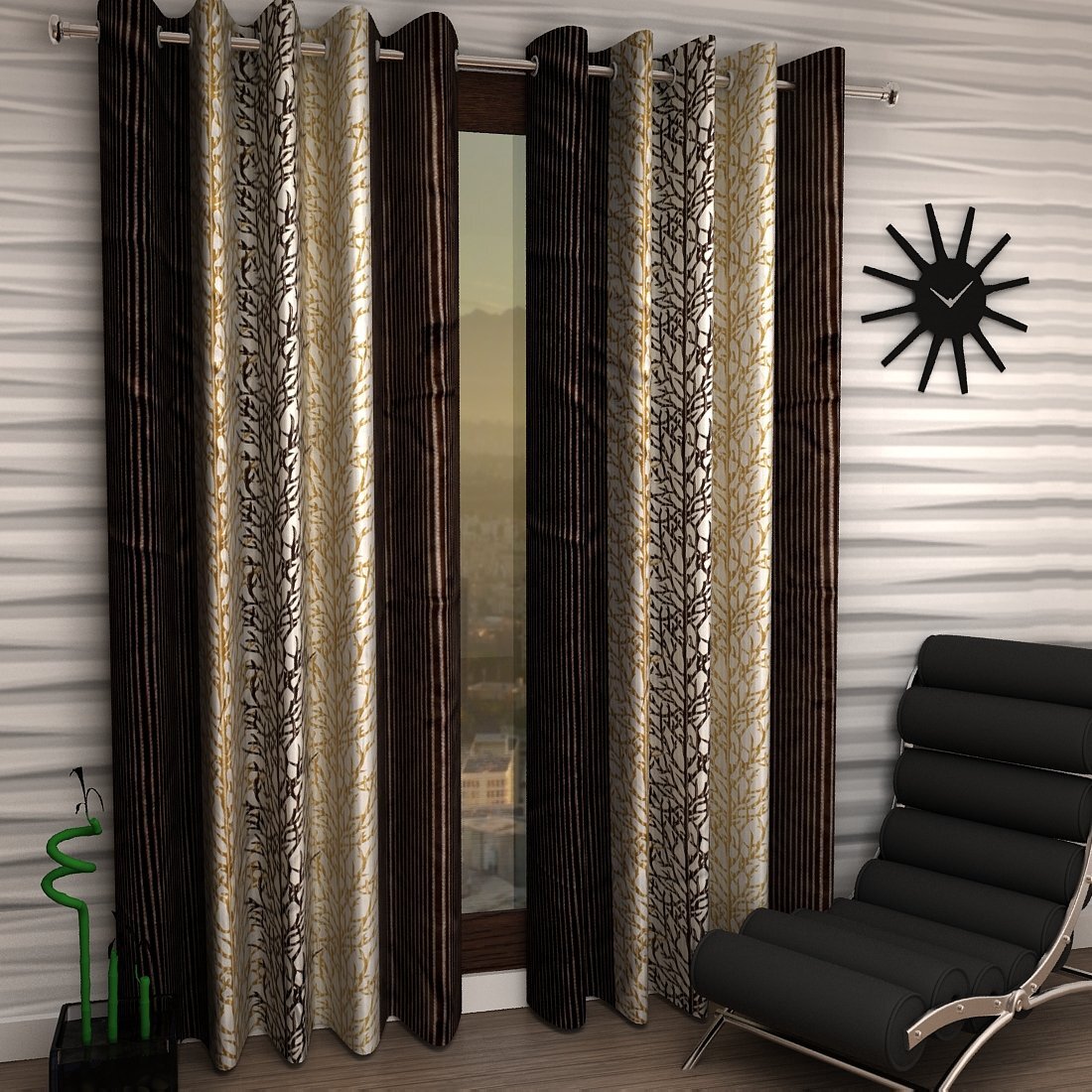 Abstract 2 Piece Eyelet Polyester Window Curtain Set 7ft Brown C1