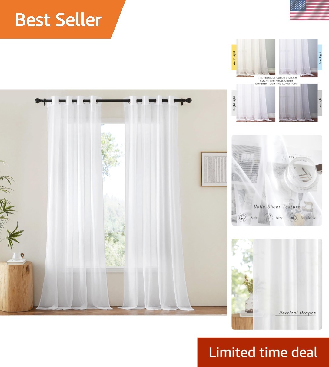 Soft Airy White Sheer Curtains 54″ W x 96″ L with Fade & Wrinkle Resistance