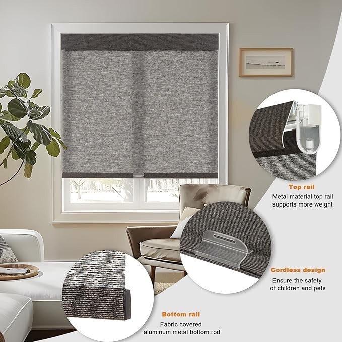 No Drill Light Filtering Roller Shades Cordless Linen Dark Brown Window Blinds