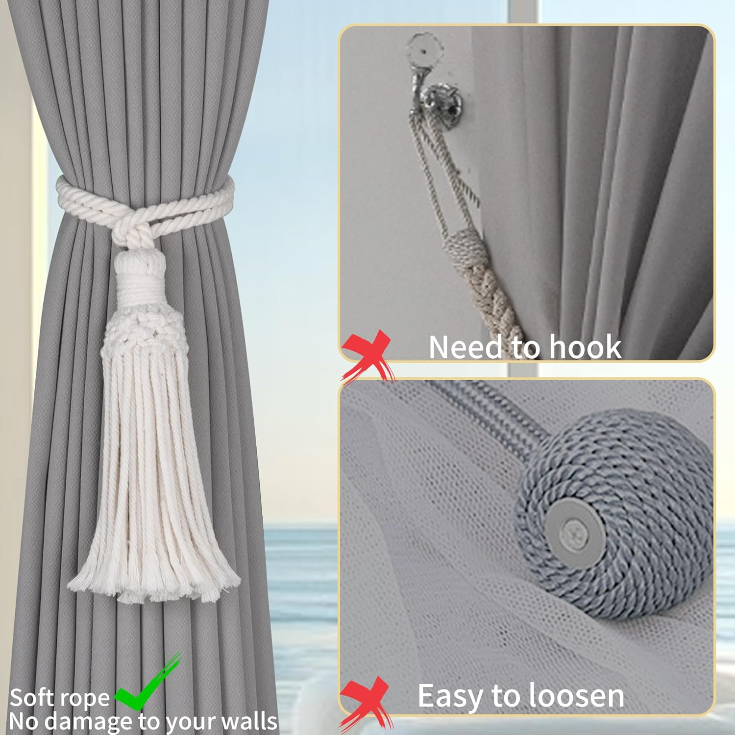 2 Pack Boho Decorative Curtain Tiebacks Hand-Woven Cotton No Drill Curtain Holdb