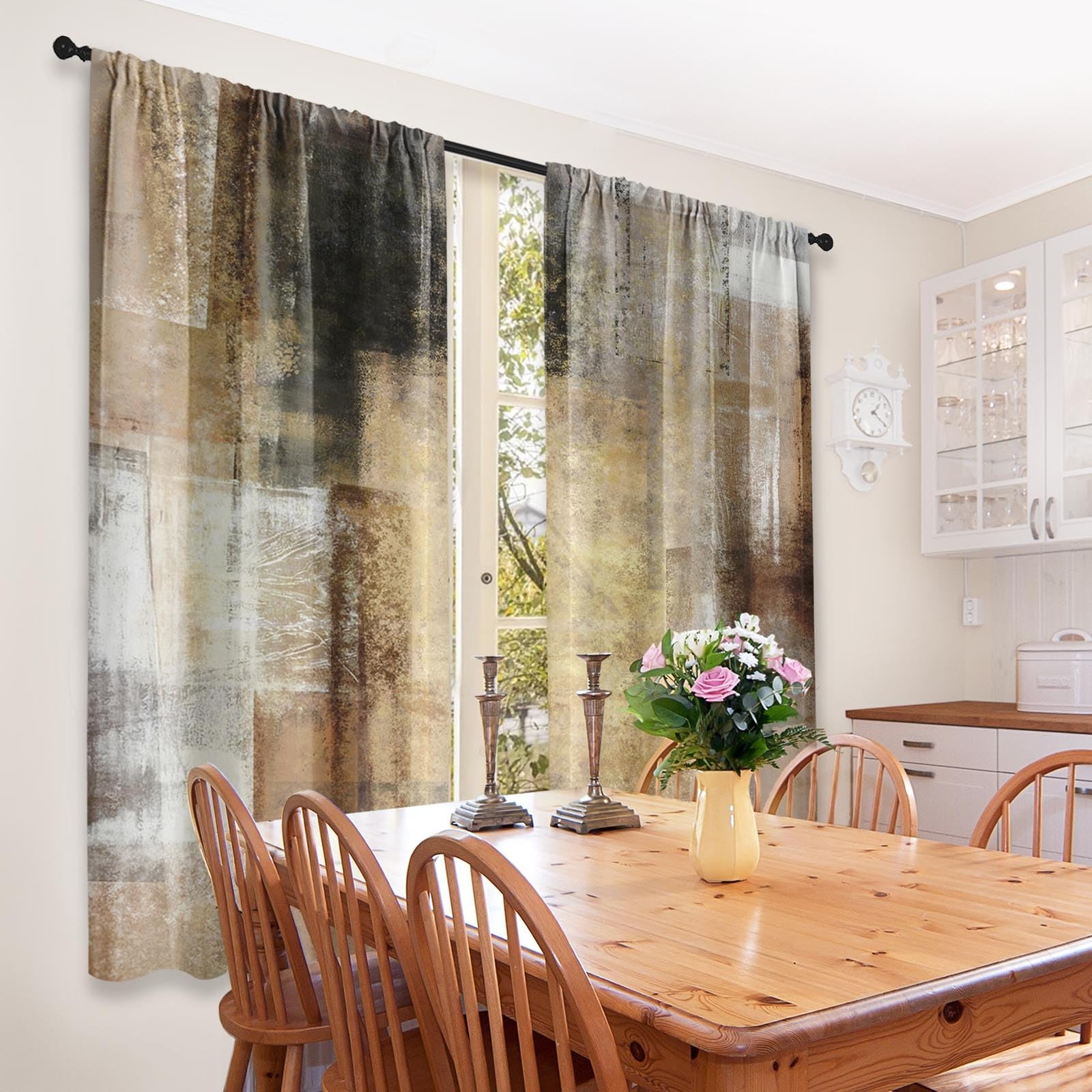 Brown Beige Painting Kitchen Curtains 63 Inch Length Grey Window Curtains Ove…