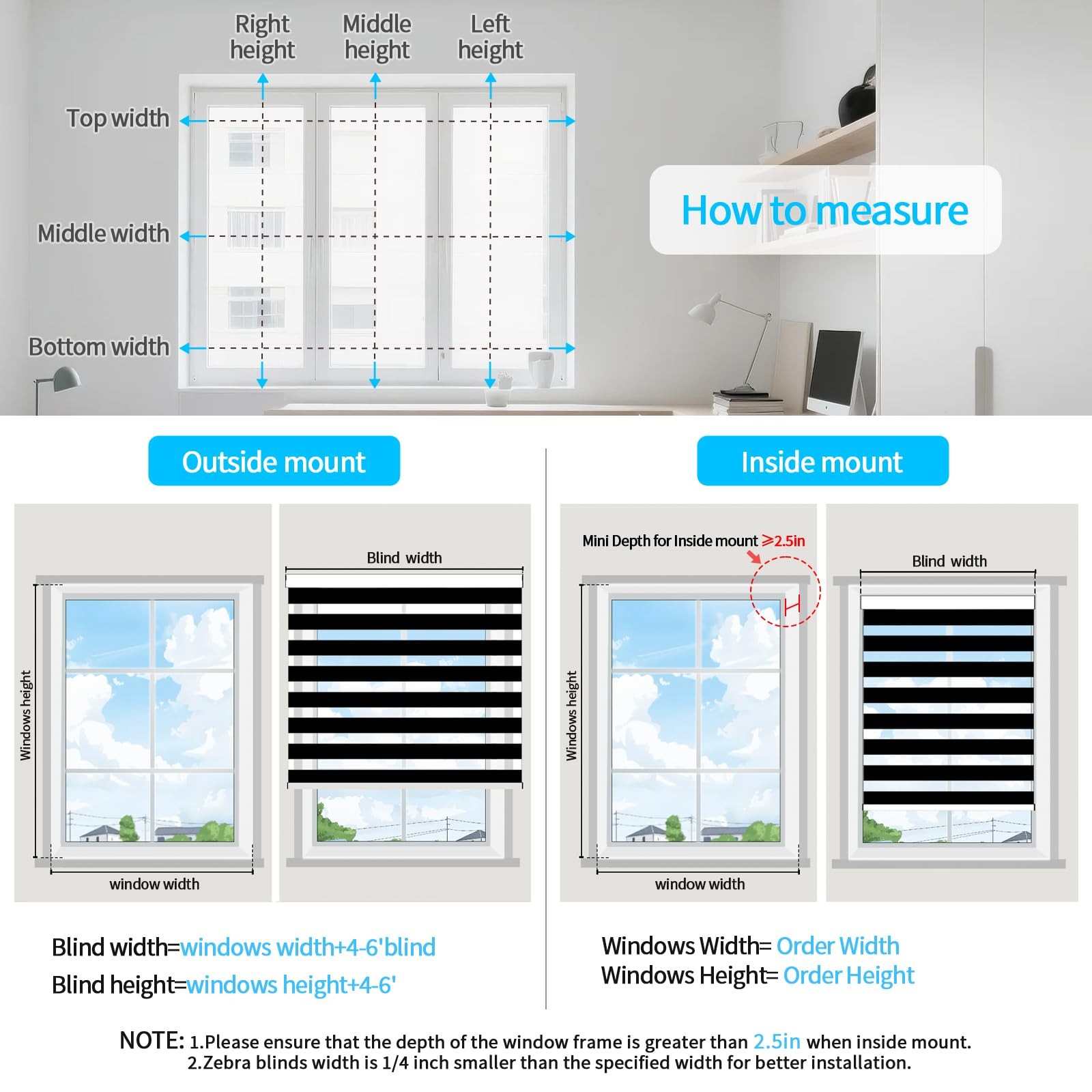 Cordless Zebra Blinds for Windows (40″ W X 72″ H, Black) -Stop Zebra Roller S…