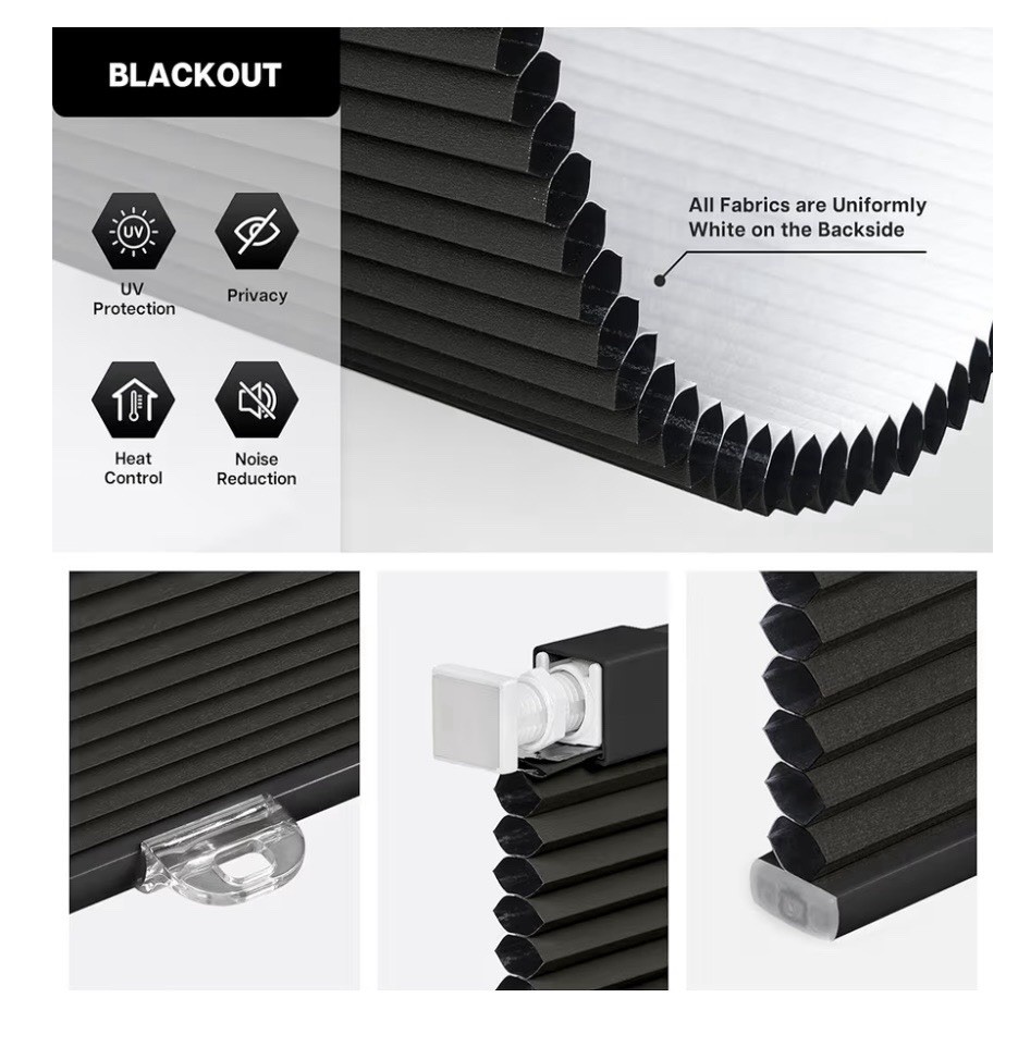 Black Cellular Blinds Blackout Window Frame Mounted Modern UV Protection 20”x64”