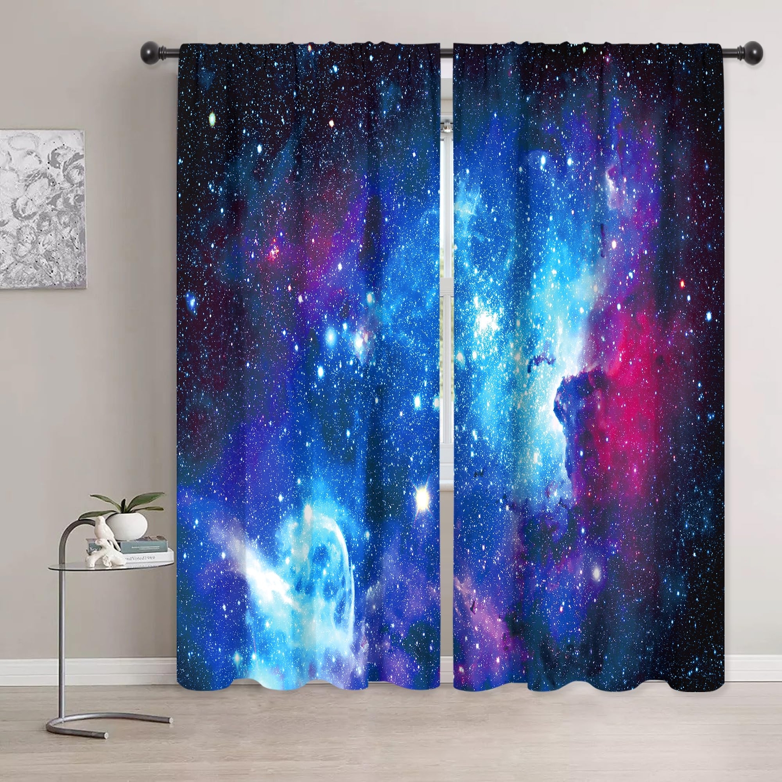 Riyidecor Galaxy Outer Space Nebula Curtains (2 Panels 42 x 72 Inch) Blue Rod