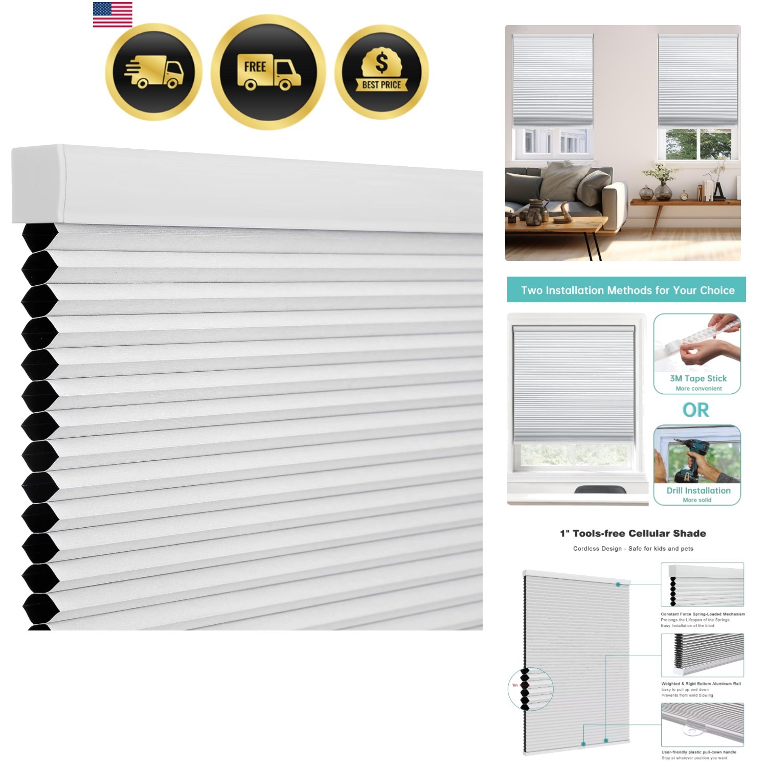 Blackout Cordless Cellular Shades for Windows,Honeycomb Blinds with Thermal I…