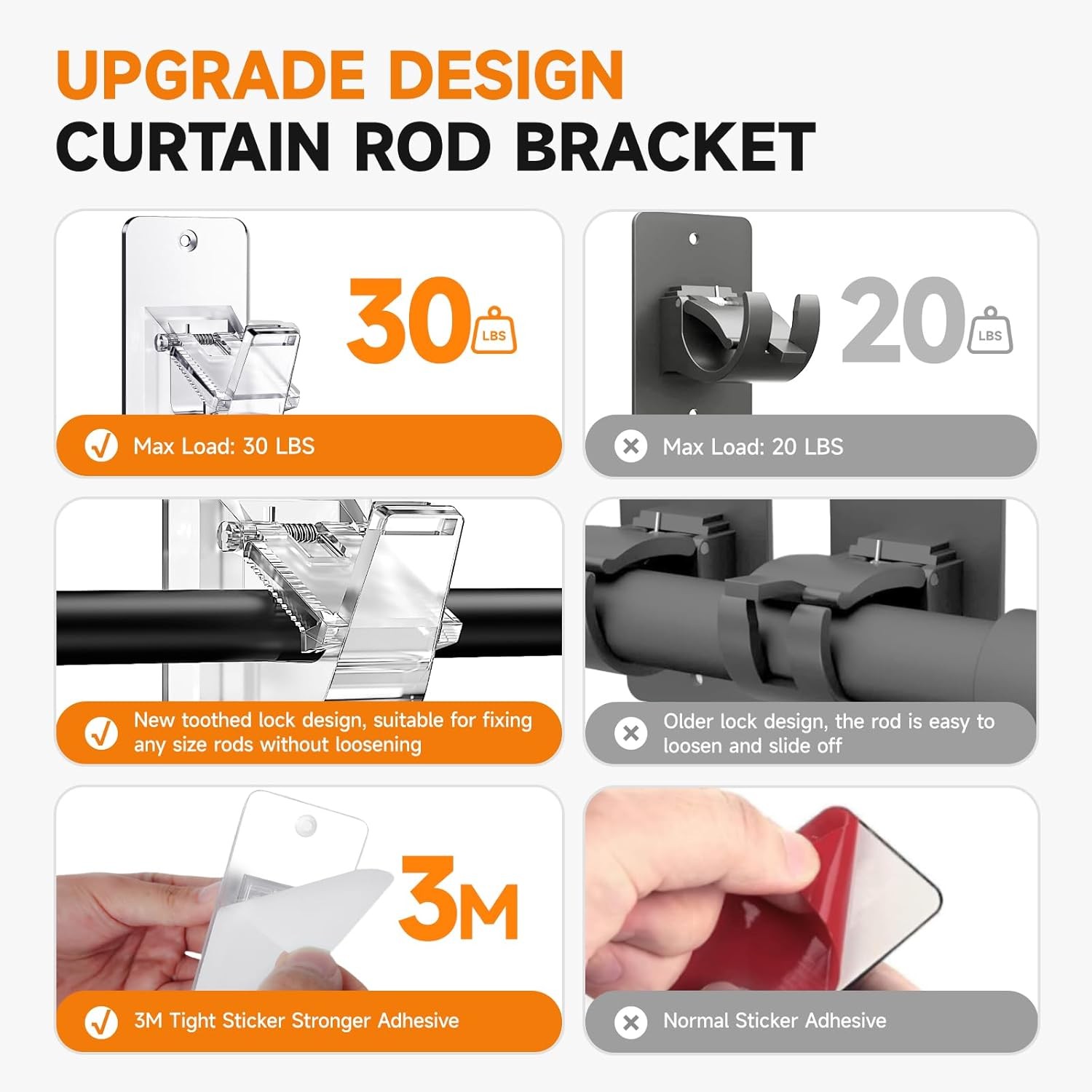 Universal Curtain Rod Holders No Drill Brackets Self 3M Adhesive Up to 30 LB
