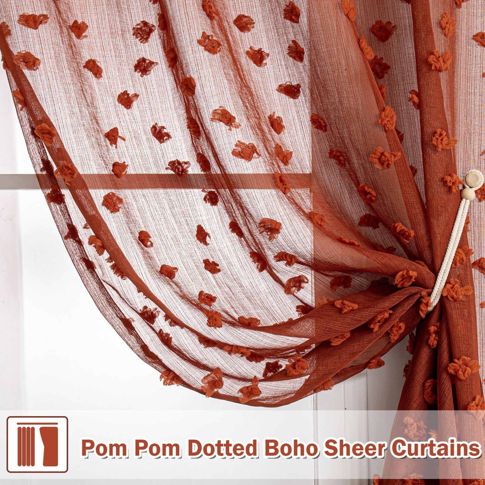 Terracotta Boho Sheer Curtains — with Pom Poms 84 Inches Long Burnt Orange Ru…