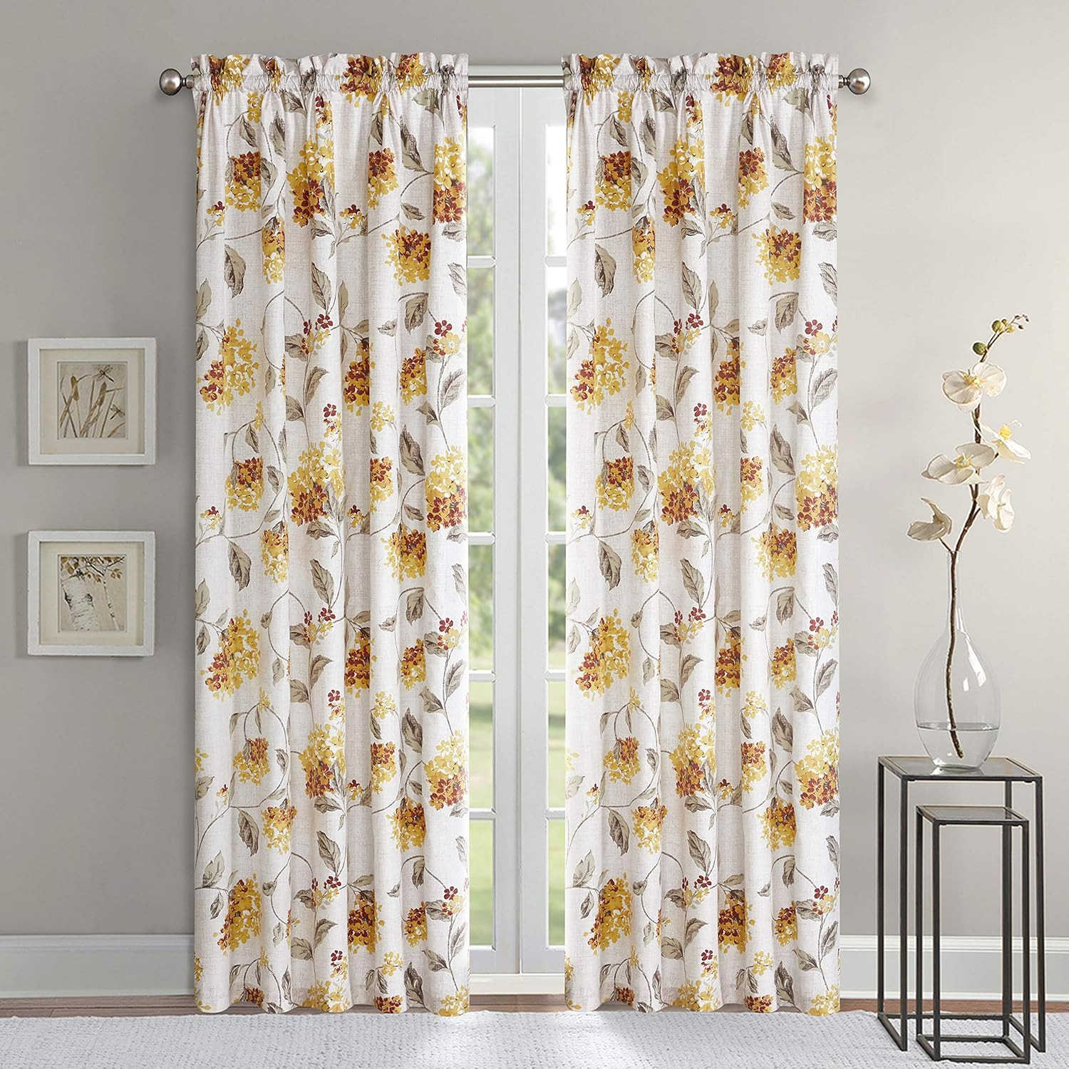 Modern Floral Warwick Window Curtain Panel, 50X95, Yellow