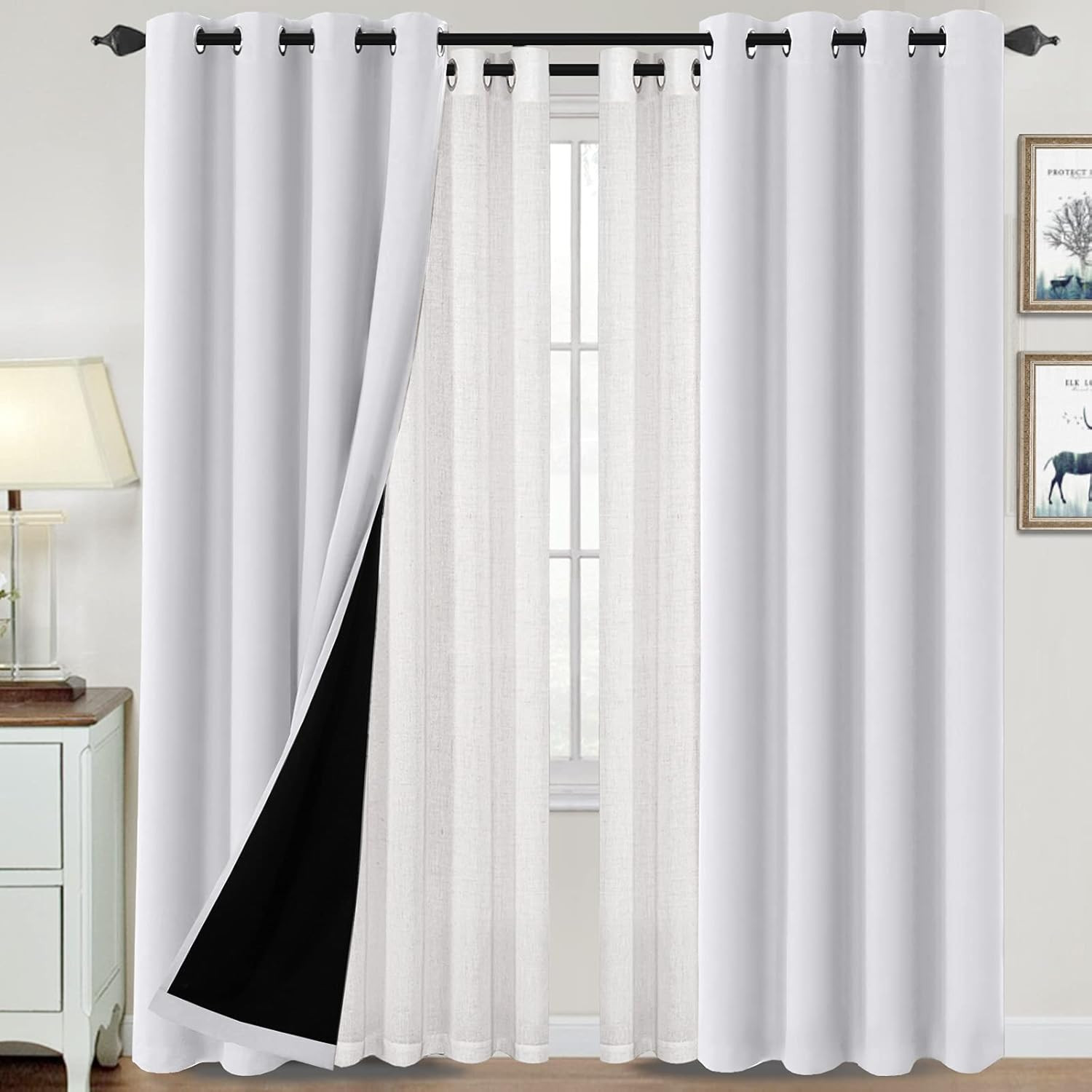 Off White & Pure White 100% Blackout Linen Curtain Panels, 2 Pack, 52×84