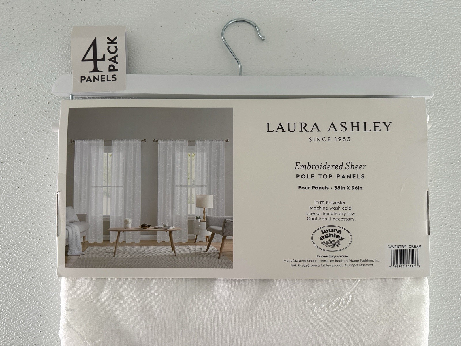 Laura Ashley Window Curtains 4 Panels 38 x 96″ Cream Embroidered Sheer Daventry