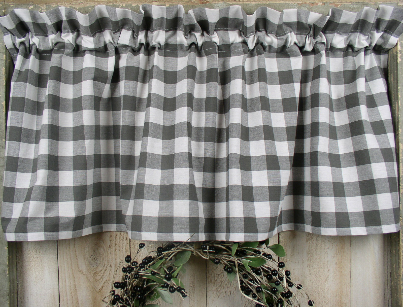 Gray and White Buffalo Check Homespun Farmhouse Curtain Kitchen Valance Runner