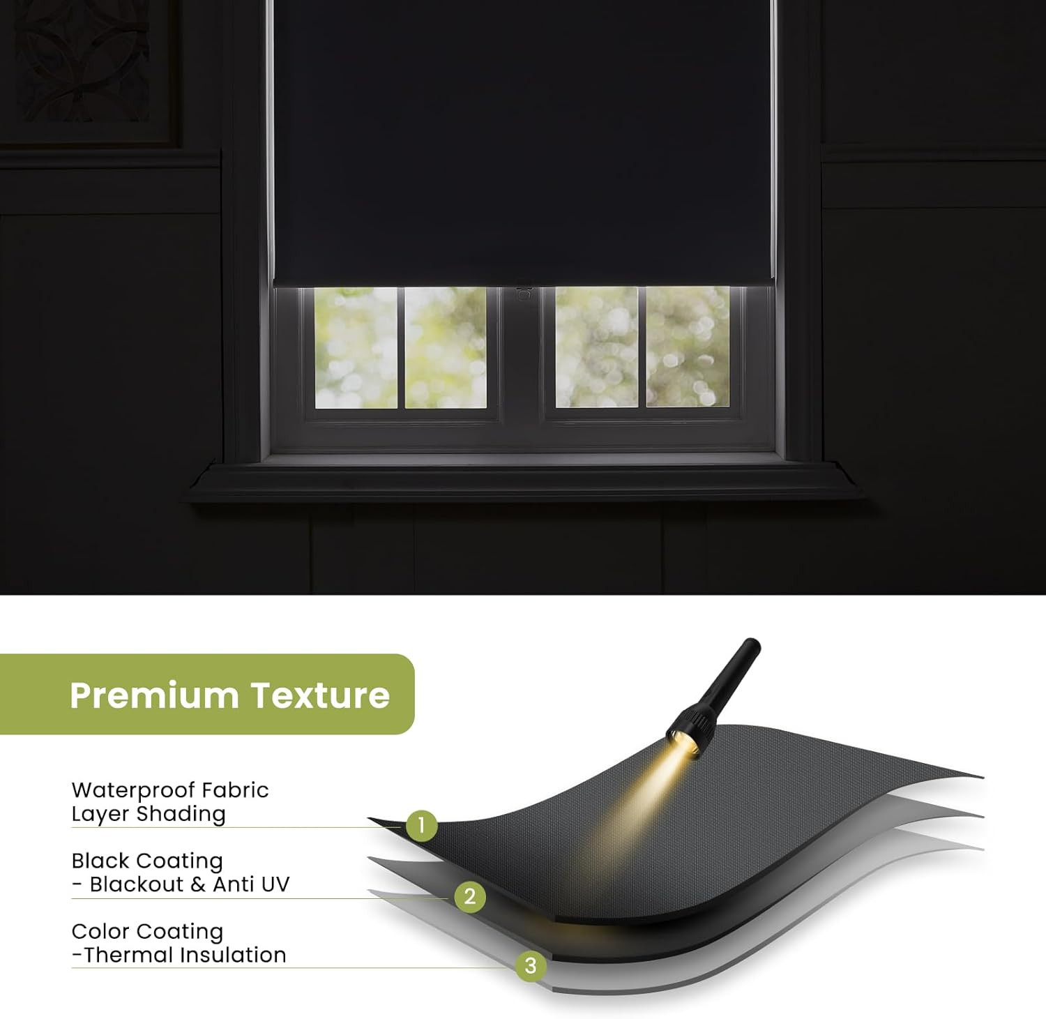 Cordless Blackout Roller Shades, UV Protection, 46″ W x 72″ H, Black