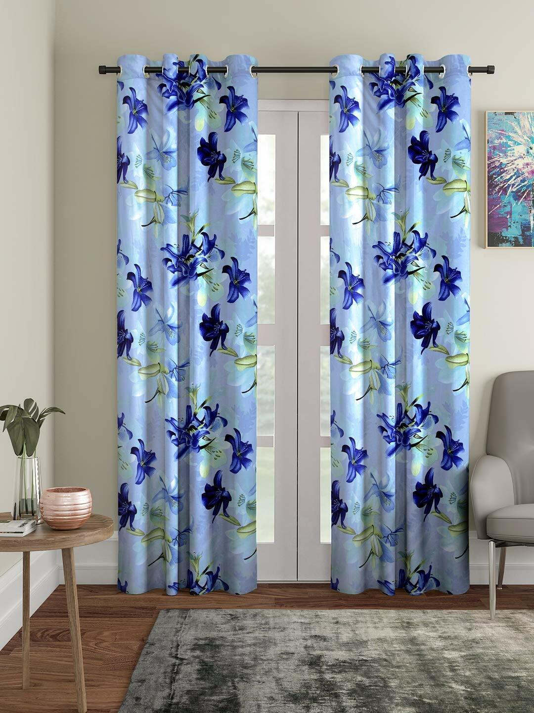2 Piece Floral Eyelet Grommet Door Window Hippie Curtains Set 5 7 9 Feet – Blue