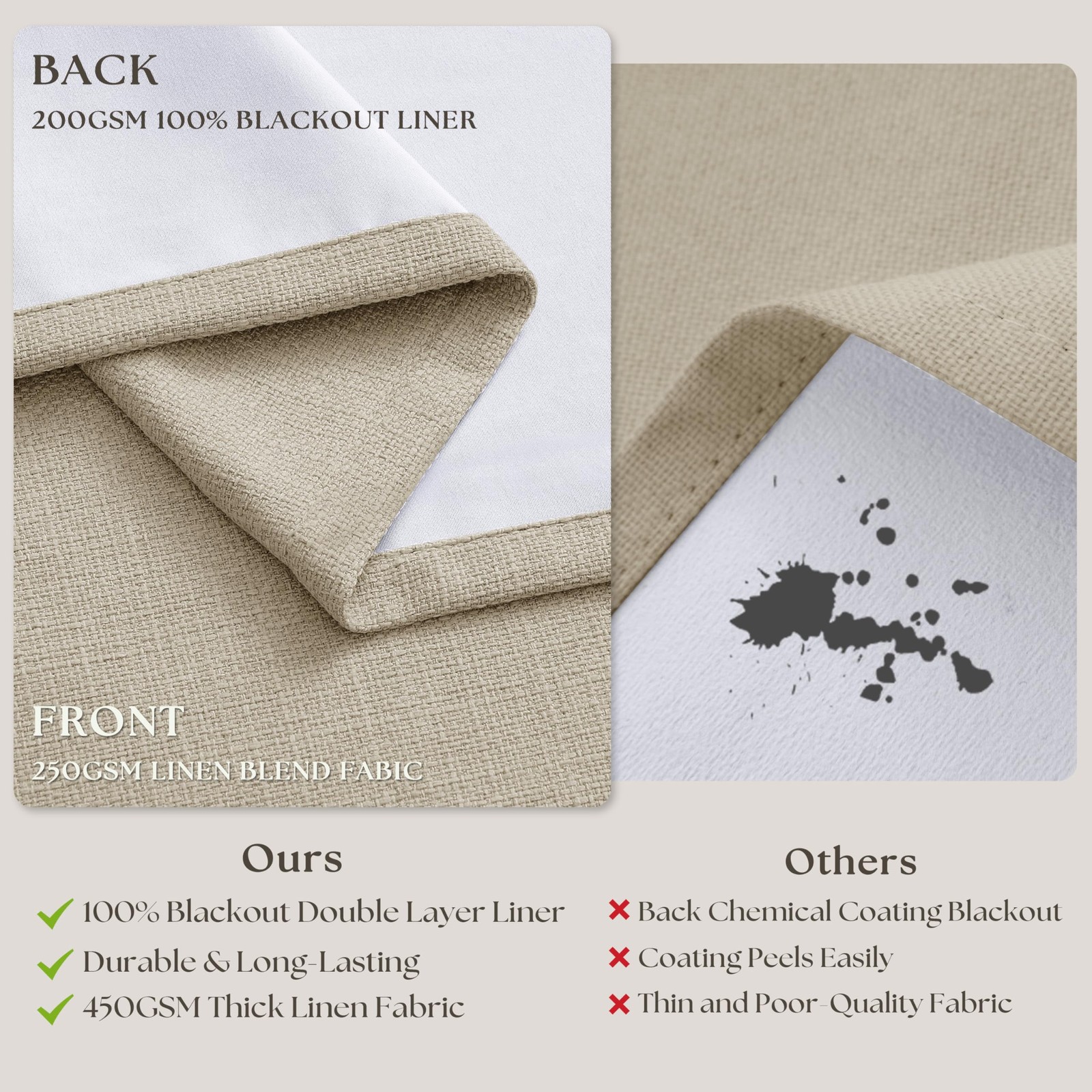 102 Inch Blackout Linen Pleated Curtains for Bedroom Living Room Darkening Pi…