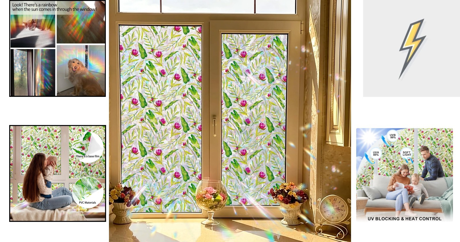 Rainbow Effect Floral Window Privacy Film – Easy Static Cling, 17.5” x 78.7”