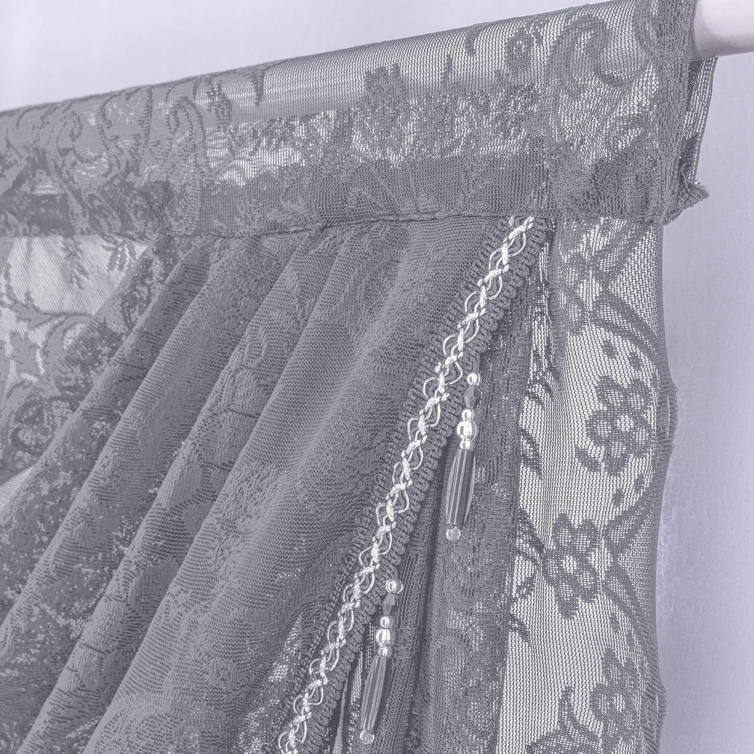 Grey Lace Waterfall Swag Curtain Valances for Living Room Windows, Boho Semi She