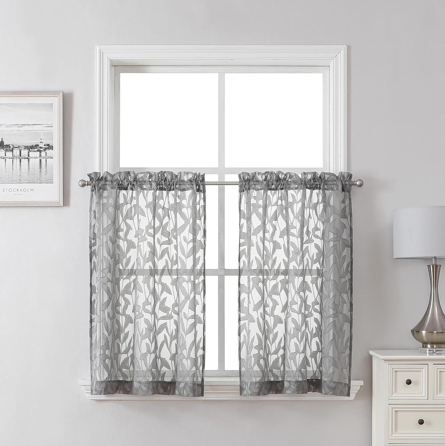 Leia 36 Inch Charcoal Grey Sheer Curtains Tiers 2 Panels, Clip Textured Cafe/Bed