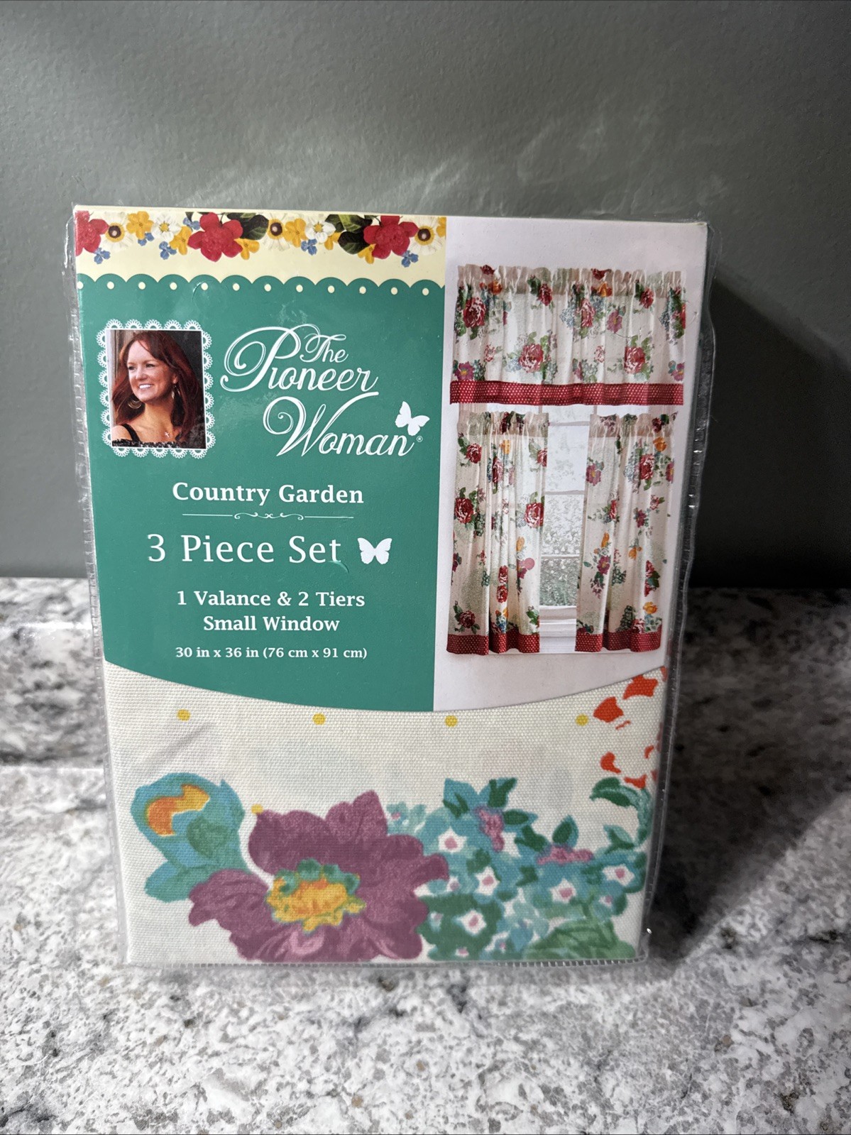 Pioneer Woman Country Garden 3 Piece Small Window Curtains & Valance Set 30×36