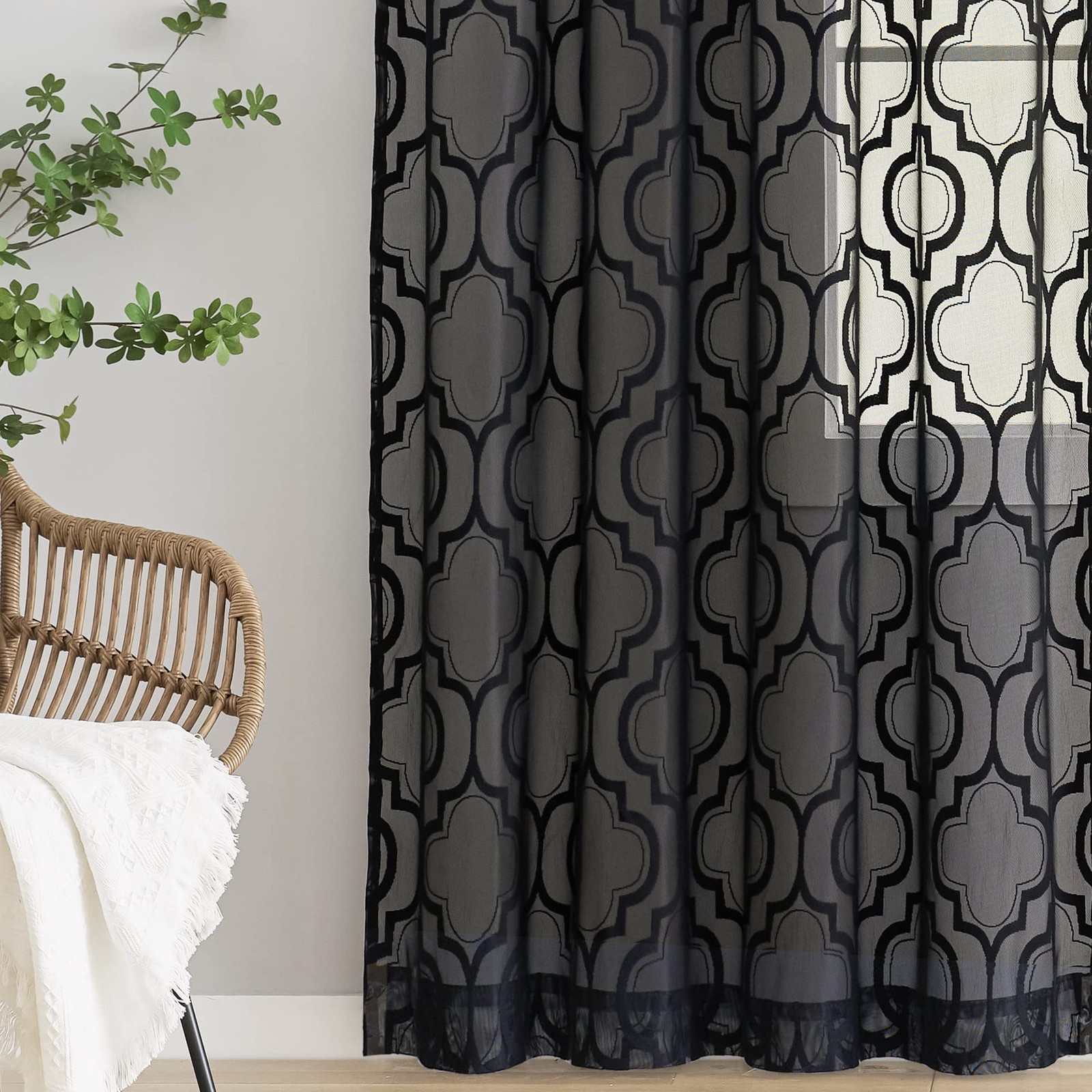 Geo Modern Lace Sheer Black Window Curtains 95 inch Long Moroccan Trellis Lig…