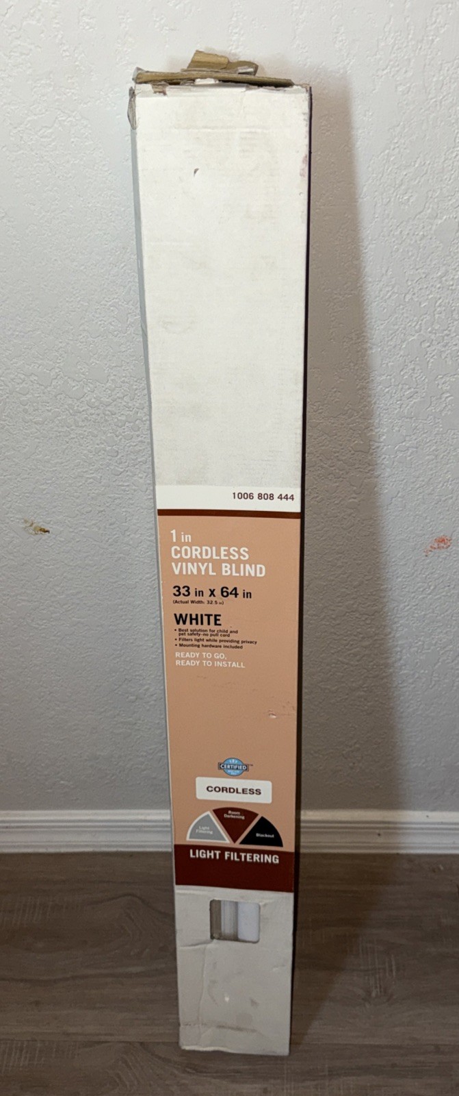 1 in Cordless Vinyl Blind 33” Wide x 64” Long Light Filtering