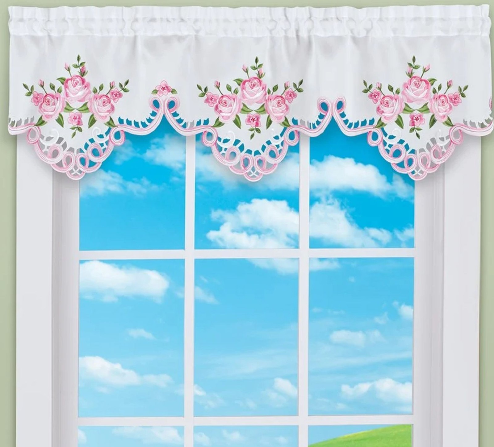 1 Fabric Embroidered Lace Valance (16.25″Lx58″W) FALL,LEAVES & ACORNS BORDER, CE