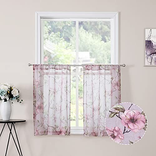 Sheer Tier Curtains Flower Leaf Printed Floral 30″W x 36″L (Pack of 2) Pink