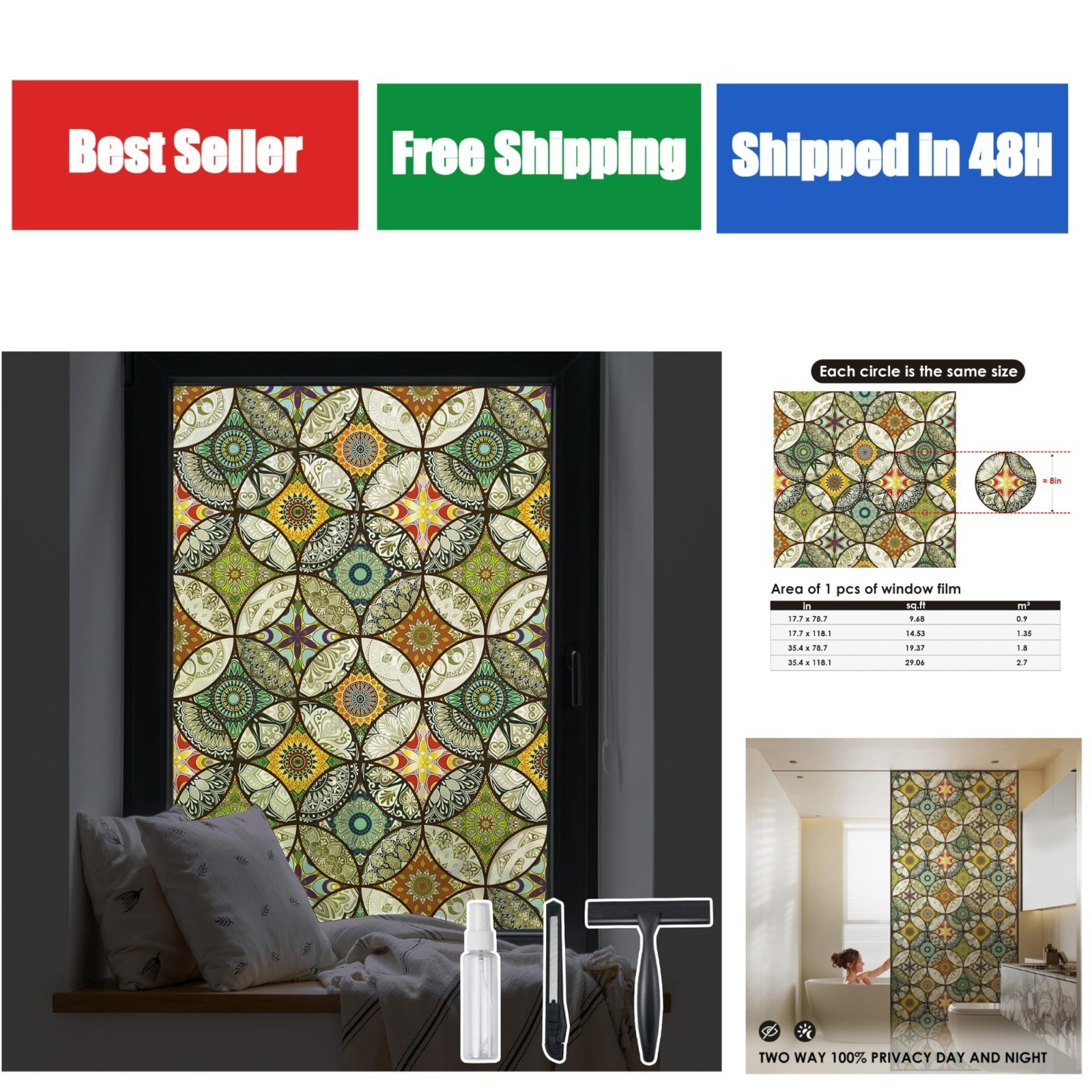 DKTIE Stained Glass Window Film 17.7″ x 78.7″ Non-Adhesive Privacy