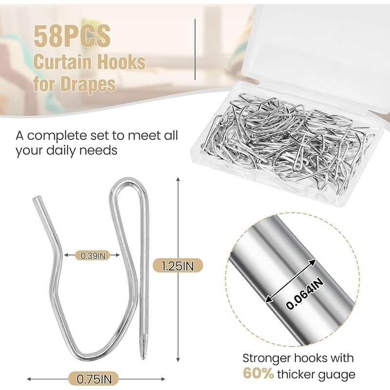 58PCS Rustproof Metal Curtain Hooks Heavy Duty Drapery Pins Pleat Curtains New