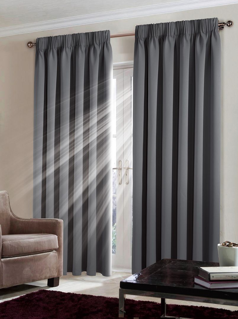 Pair Pencil Pleat Tape Top Plain Thermal BLACKOUT LINED Curtains with Tie Backs