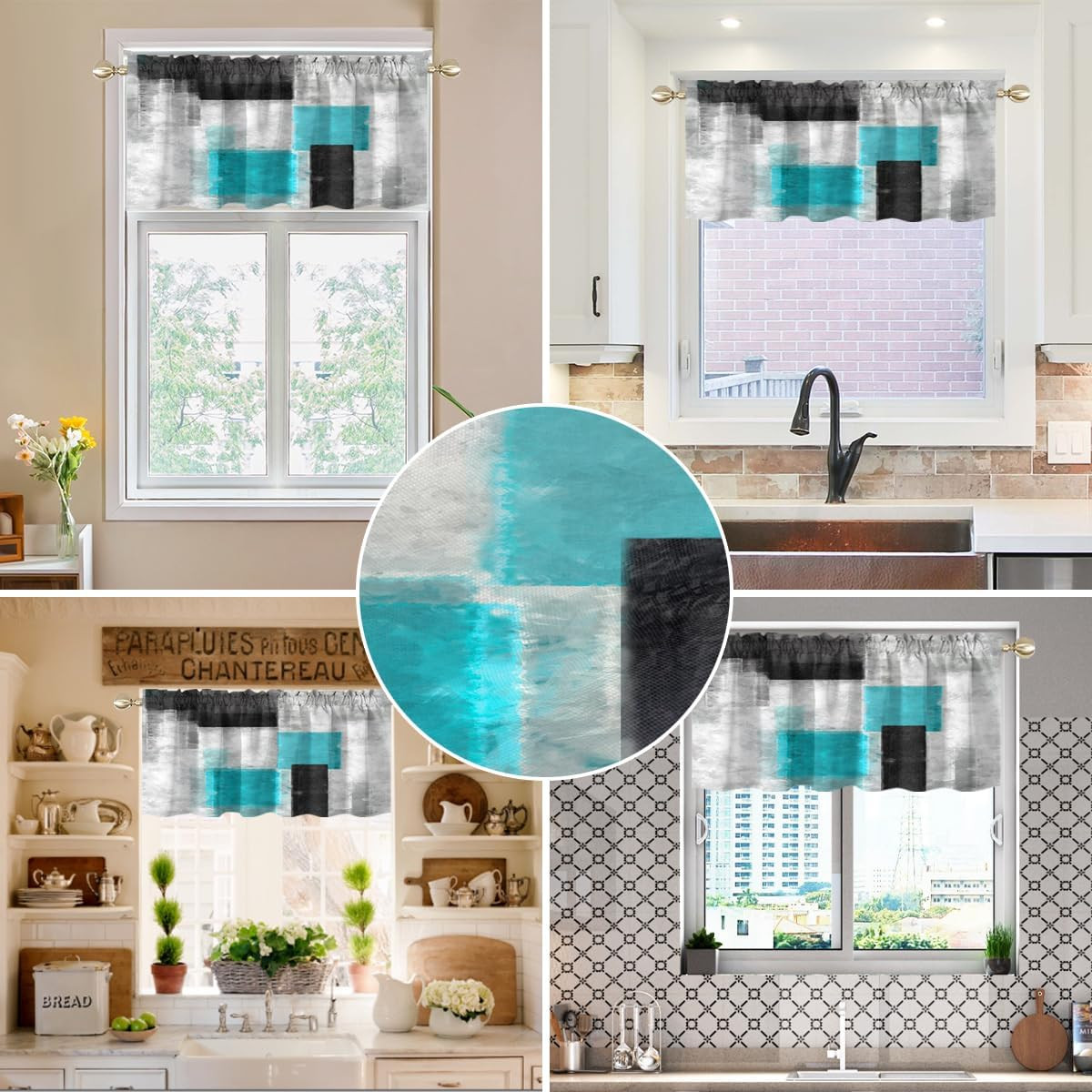 Teal Kitchen Valance Curtain for Window Black and White Modern Turquoise Aqua Gr