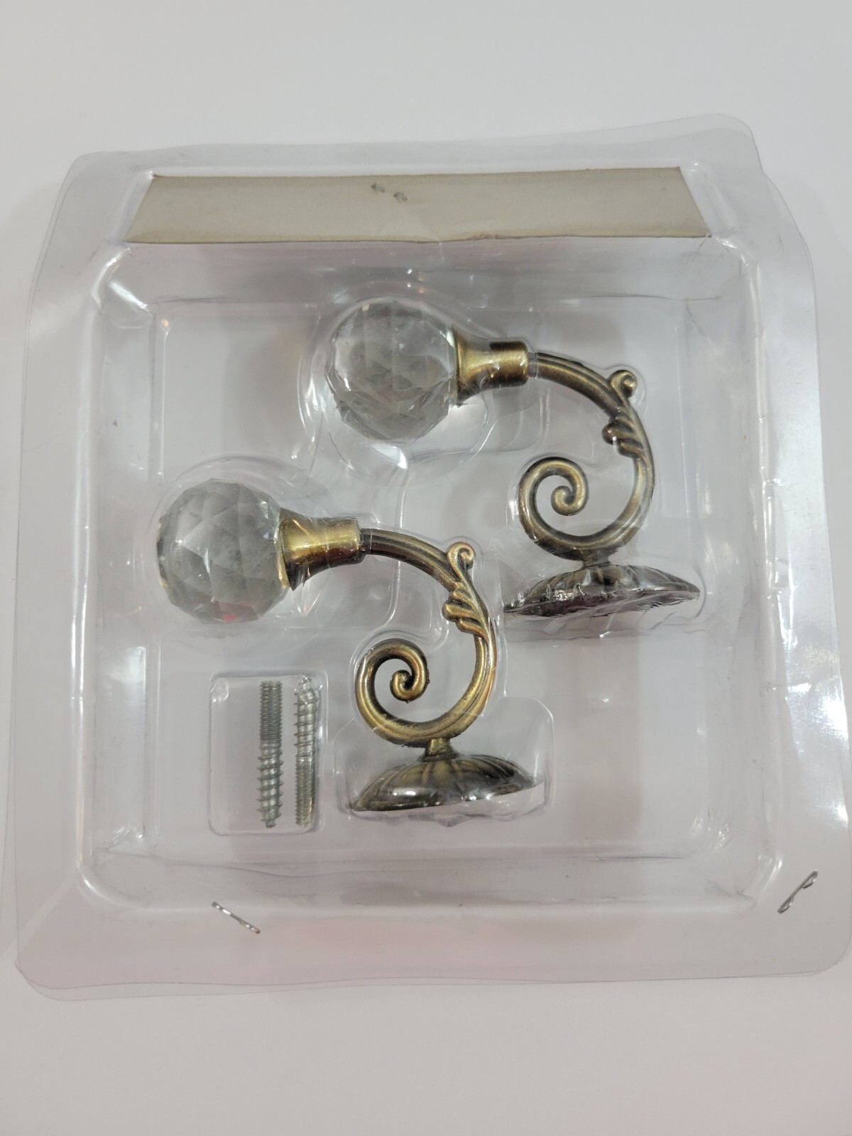 2 Pk Curtain Holdbacks Clear Acrylic Knobs Antique Brushed Brass Metal Small 3″