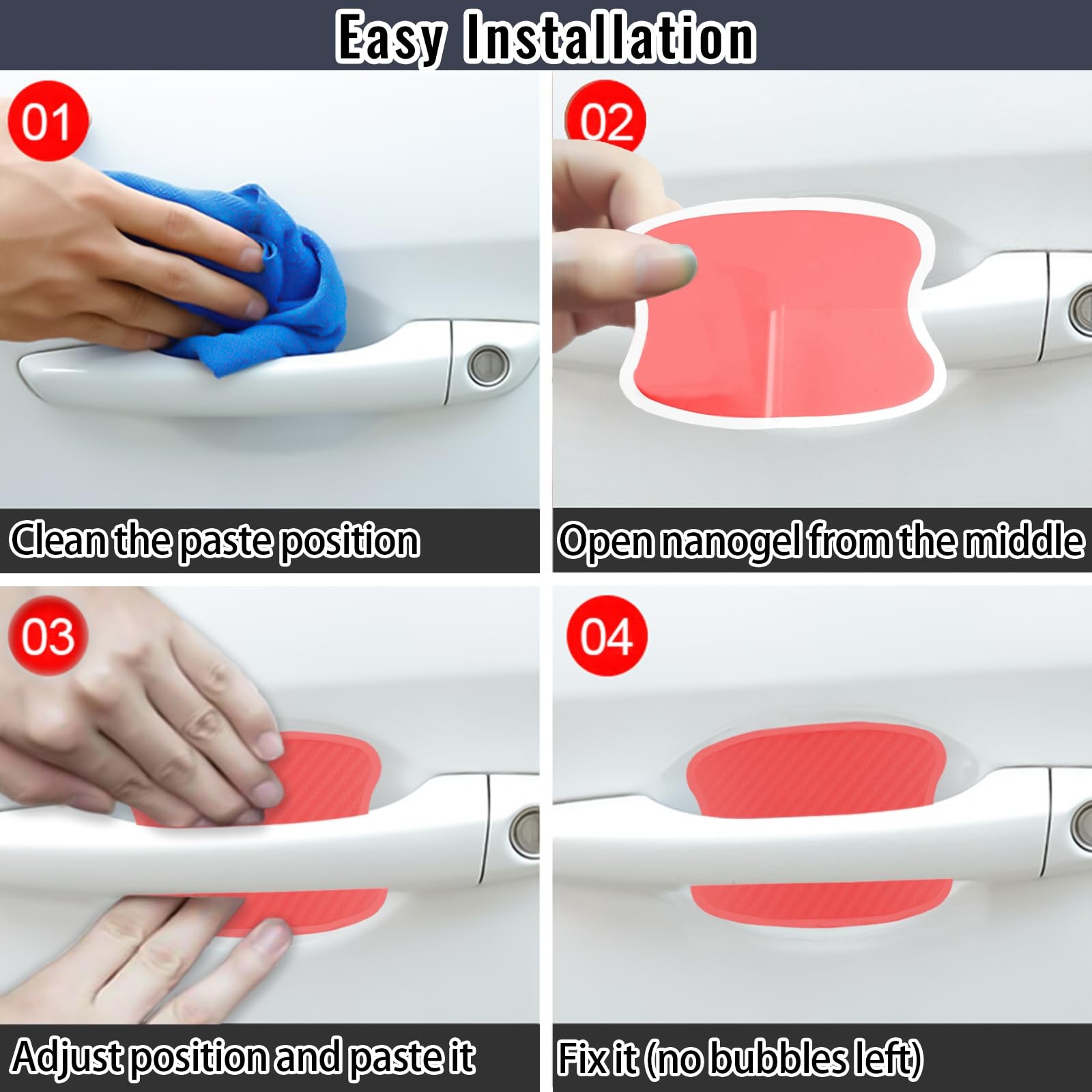 3D Carbon Fiber Car Door Handle Scratch Protectors 4 Pack Red Pads