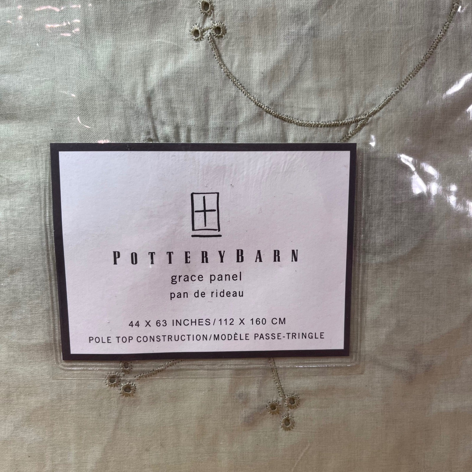 Pottery Barn Grace Curtain Panel Celery Green Eyelet Embroidery 44×63 Vtg Style