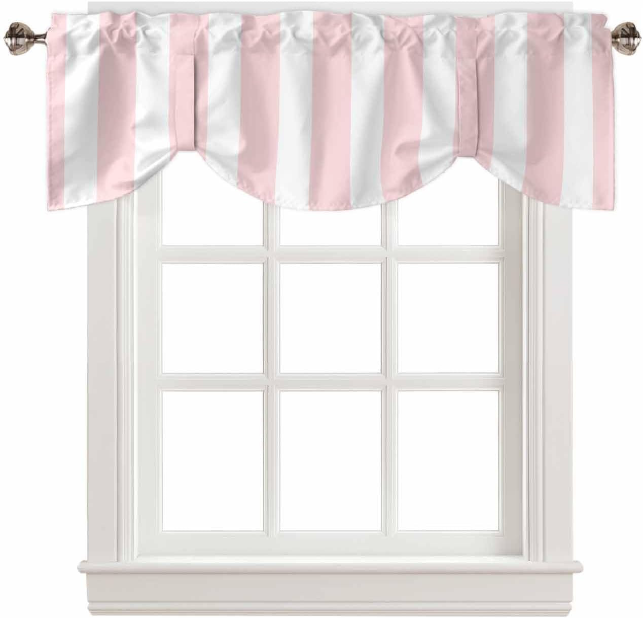 Pink Striped Tie up Valance Curtains for Windows, Farmhouse Kitchen Curtains Win