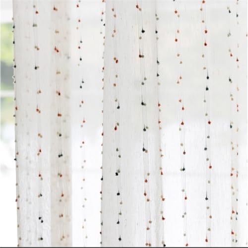 Faux Linen Colorful Pom Pom Sheer Curtains for 39″W x 63″L (Pack of 2) Beige