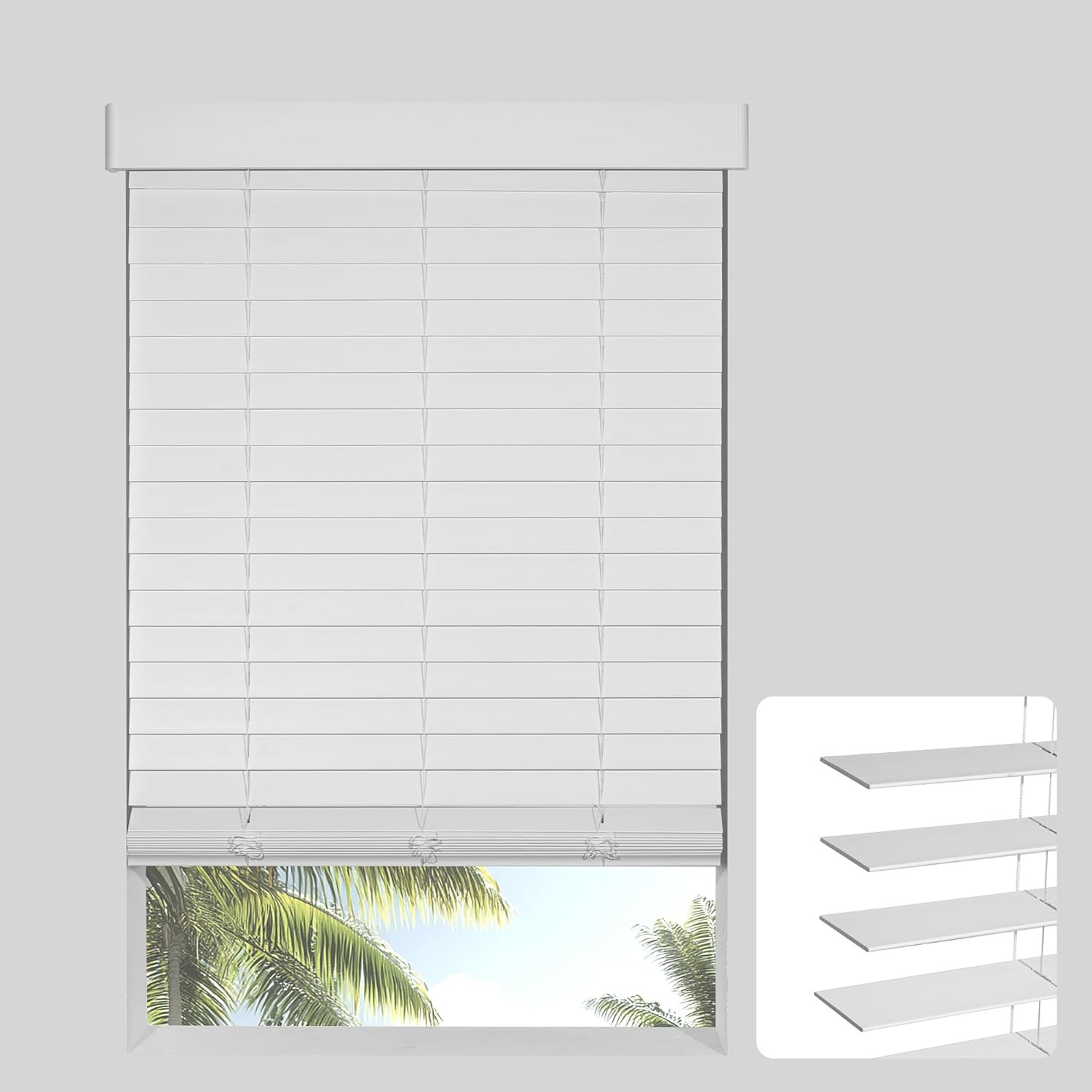 Cordless 2″ Faux Wood Blinds with Valance, Light Filtering, White 46.5″W x 36″H