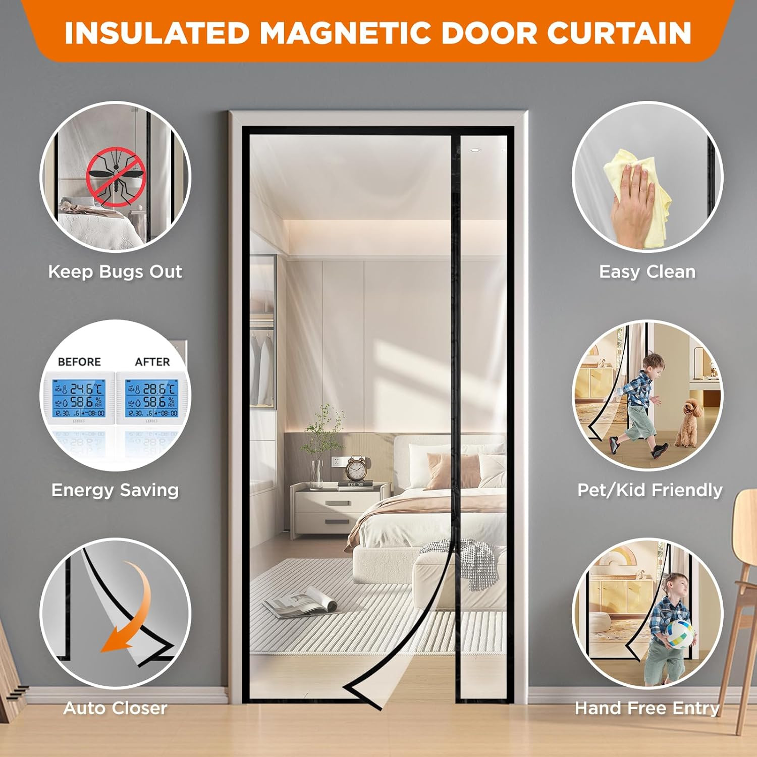 Transparent Thermal Insulated Door Curtain, Reversible Left or Right Side Openin