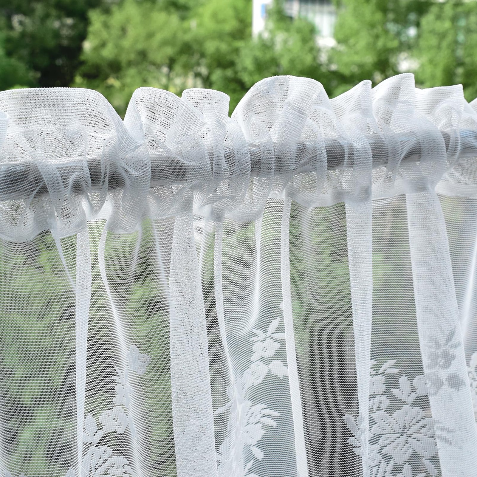 White Lace Window Valance Semi Sheer Floral Curtain for Kitchen Bathroom