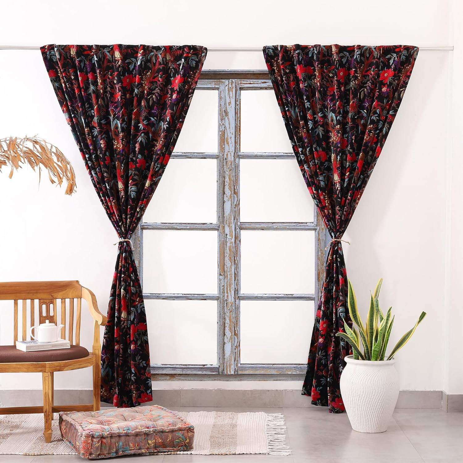 Luxury Floral Bird Velvet Curtains – 96″x52″ Black Boho Drapes