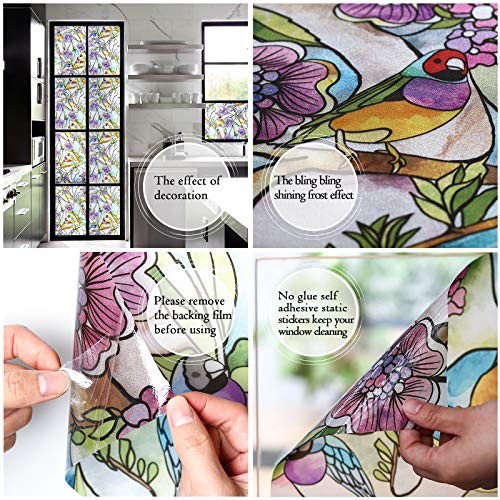 Stained Glass Window Film – 35″x118″, 35 Inx118 In Flower & Bird Pattern