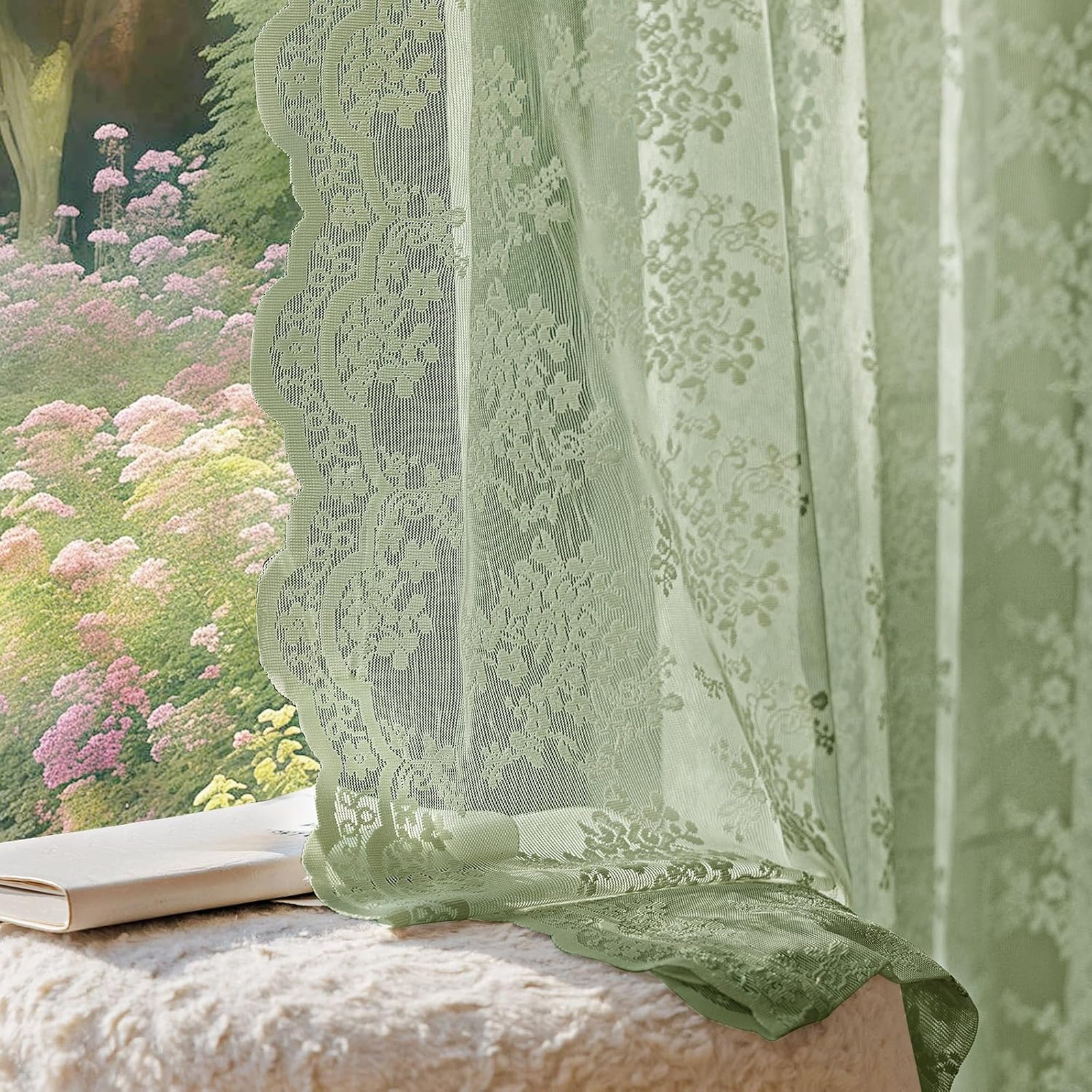 Vintage Sage Green Lace Curtains 63 Inch Long 2 Panel Set Light Filtering Semi