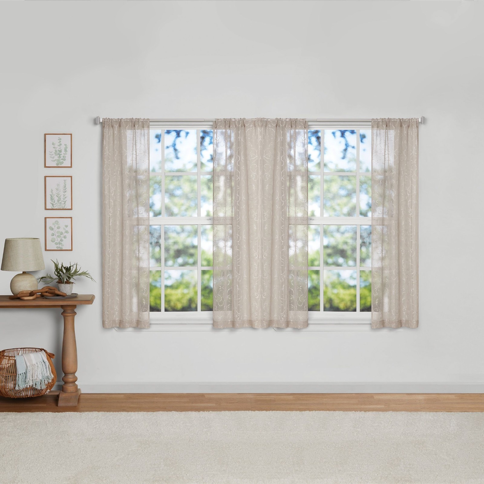 (3 pack) Modern Scroll Rod Pocket Sheer Curtains, Set of 4, Beige, 28″ W x 63″ L