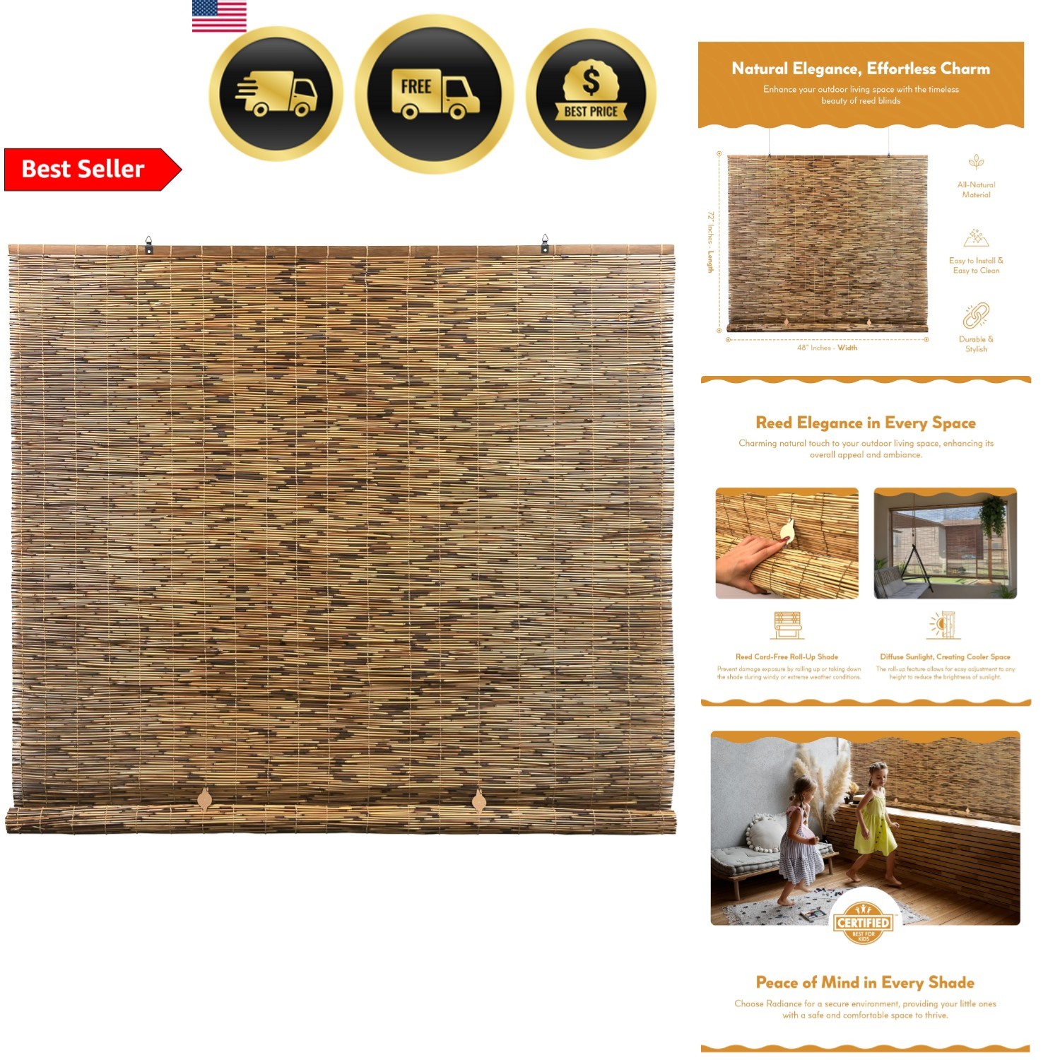 Cordless Bamboo Blinds Waterproof Roll-up Shades for Patio Porch Indoor Outdoor