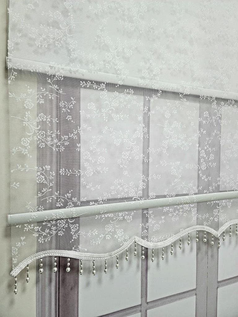 Floral Patterned Beaded Tulle Curtains and Roller Blinds, Light filtering White