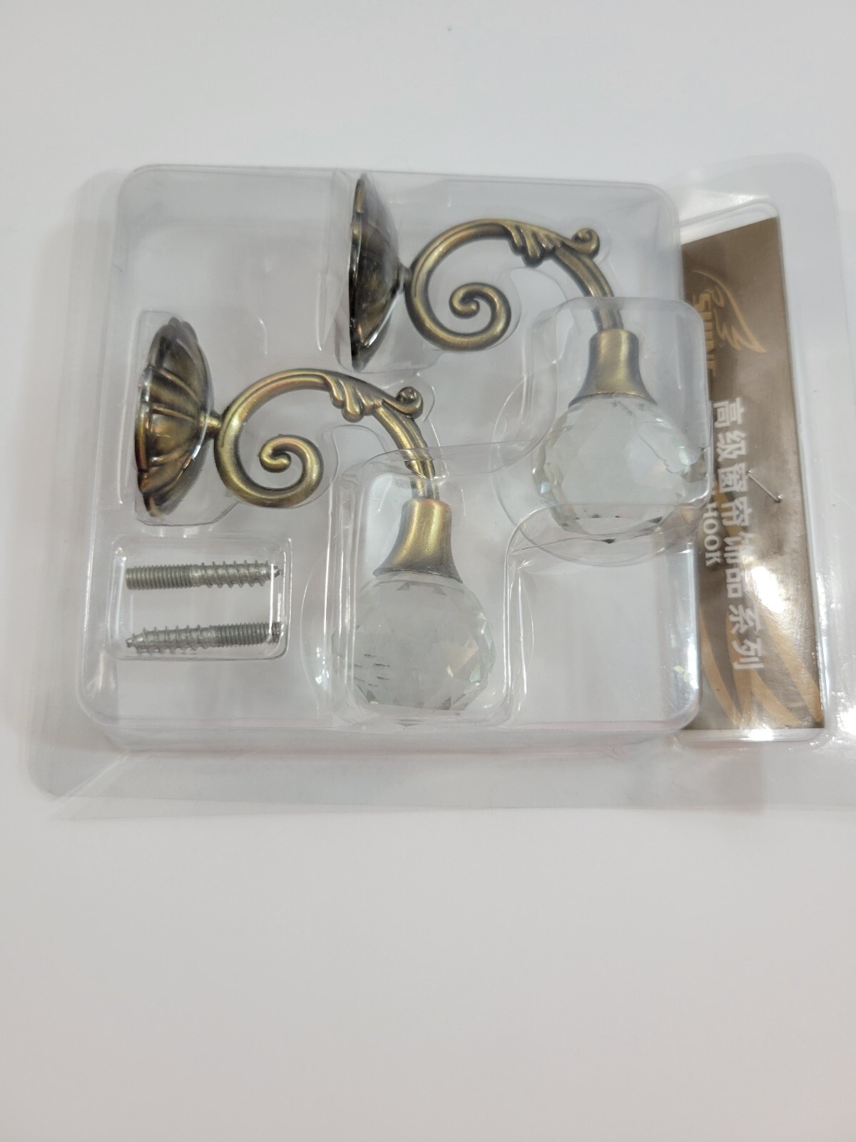 2 Pk Curtain Holdbacks Clear Acrylic Knobs Antique Brushed Brass Metal Small 3″