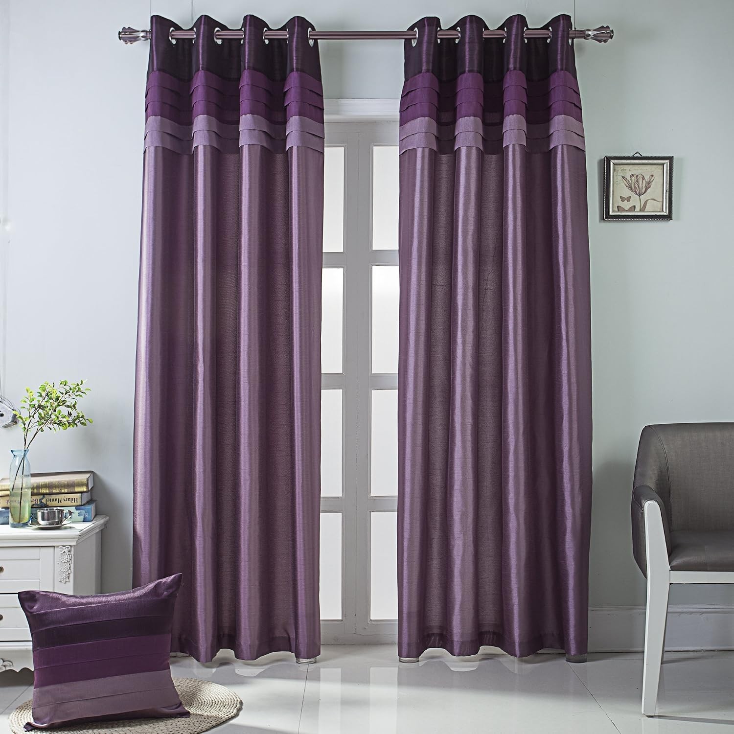 2 Panels 52×84 inch Grommet Top Faux Silk Room Darkening Curtains, Purple