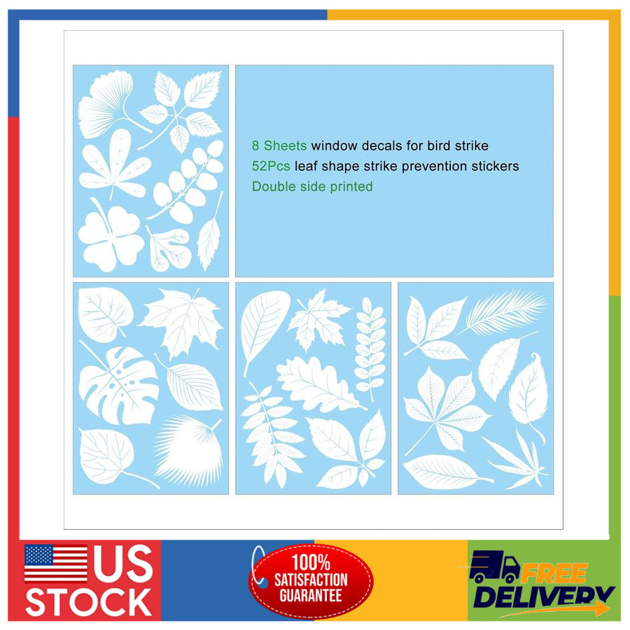 52 Large Leaf Anti-Collision Window Clings to Prevent Bird Strikes Non-Adhesive